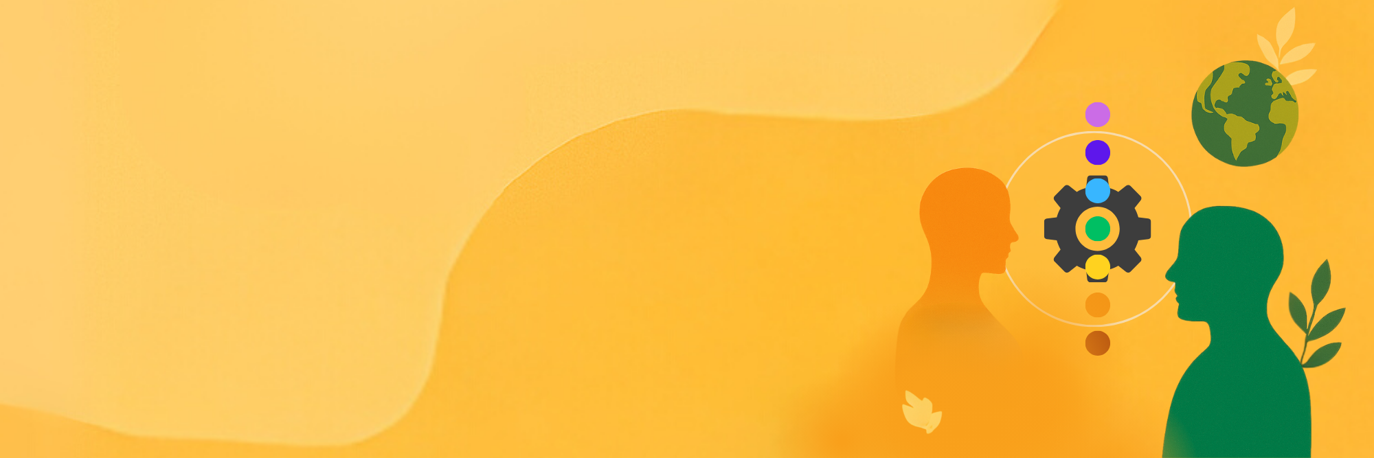 Abstracte illustratie van twee menselijke figuren verbonden door een chakra-achtig symbool — symboliseert de therapeut als schakel in een groter geheel en innerlijke afstemming.